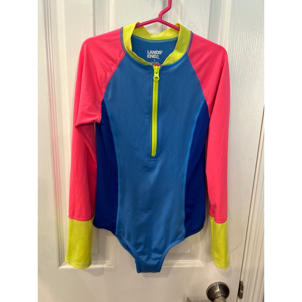 Lands' End Rash Guard One Piece Blue Pink Colorblock Long Sleeve Swimsuit Kids 8
